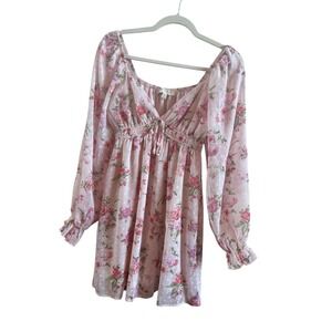 Thirty Thirty Pink Floral Baby Doll Mini Dress Small Smocked Bodice Puff Sleeves
